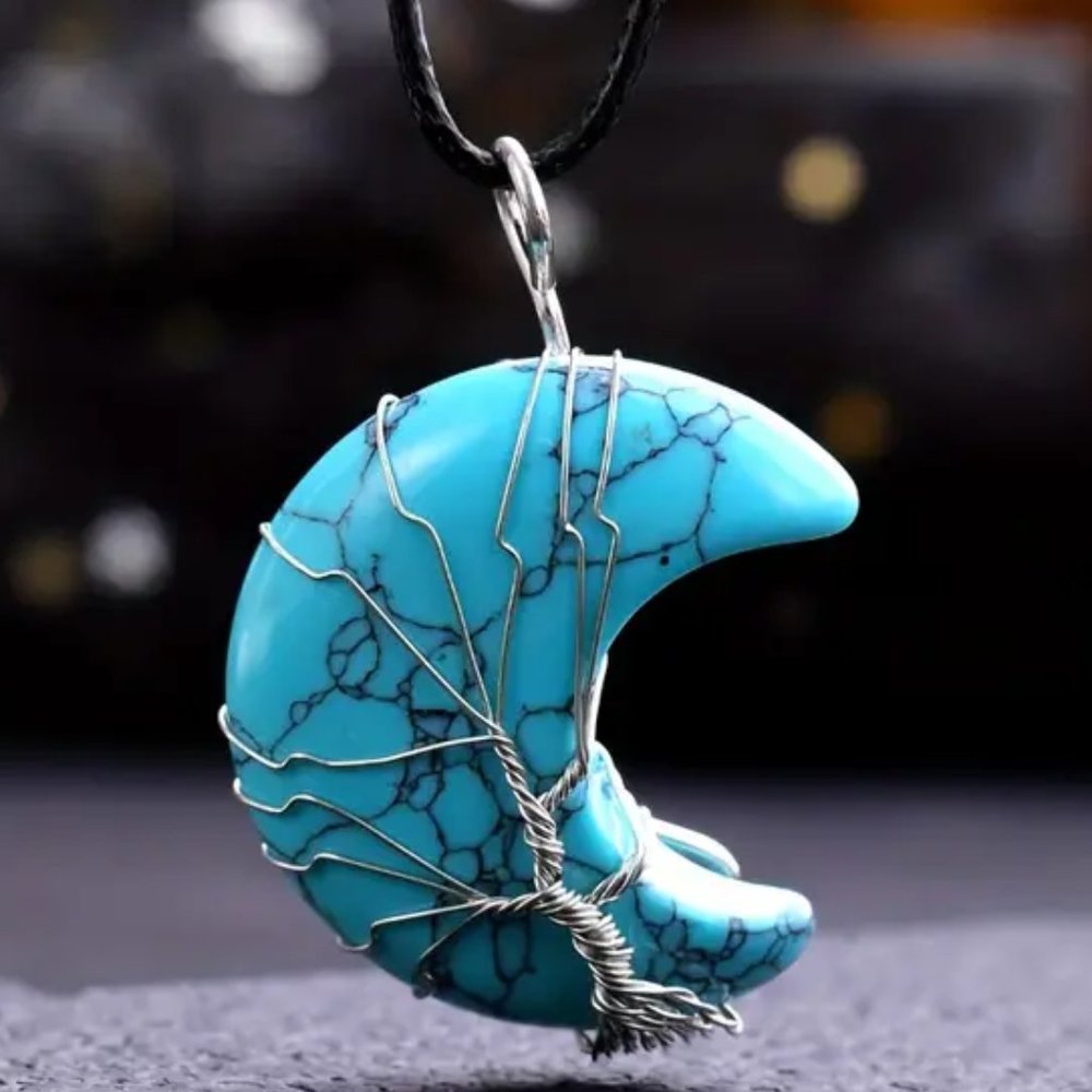 Crescent Moon Tree Of Life Wire Wrap Blue Howlite Stone Pendant